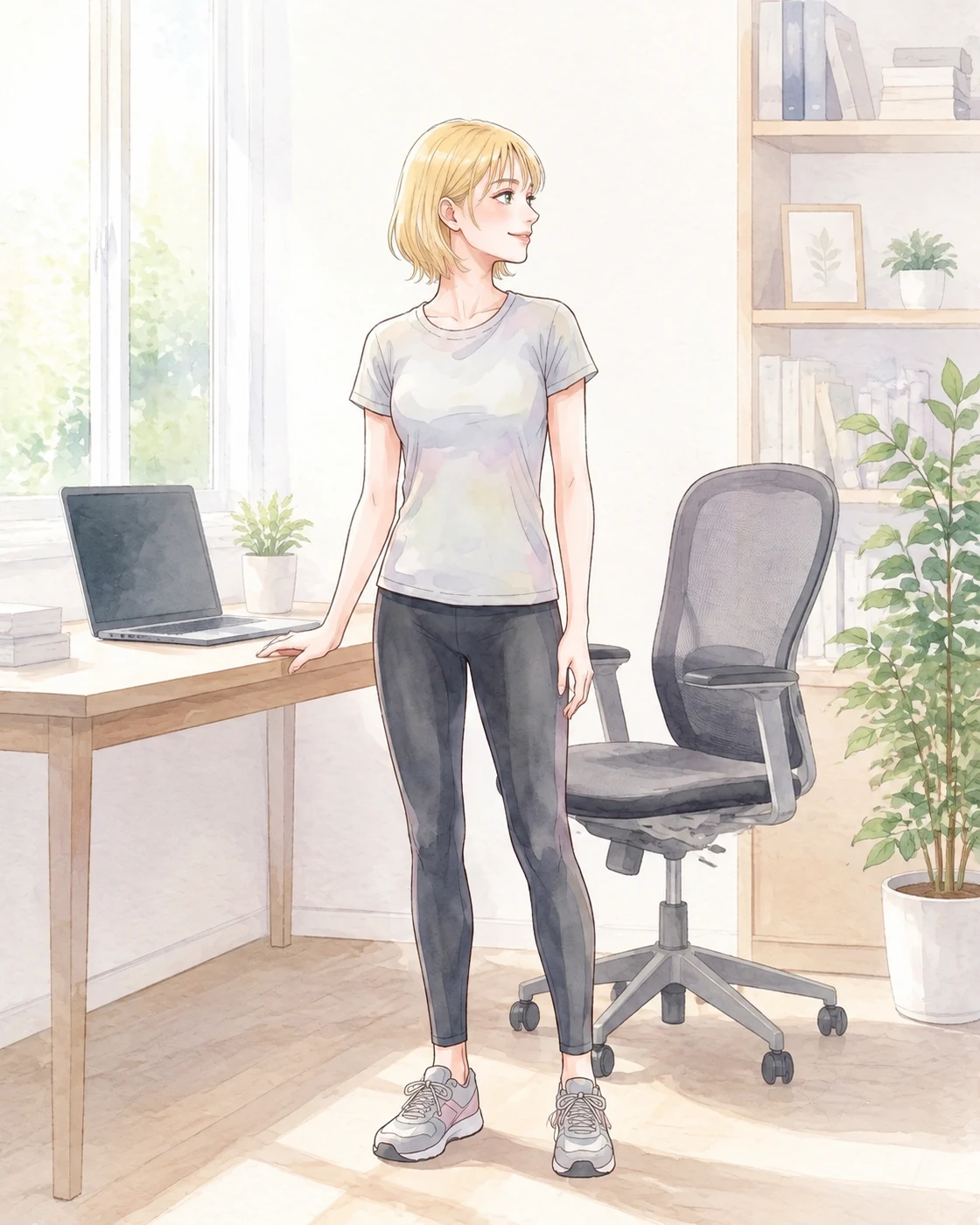 책상에서 일어나 자세를 바꾸고 목을 부드럽게 돌리는 여성
