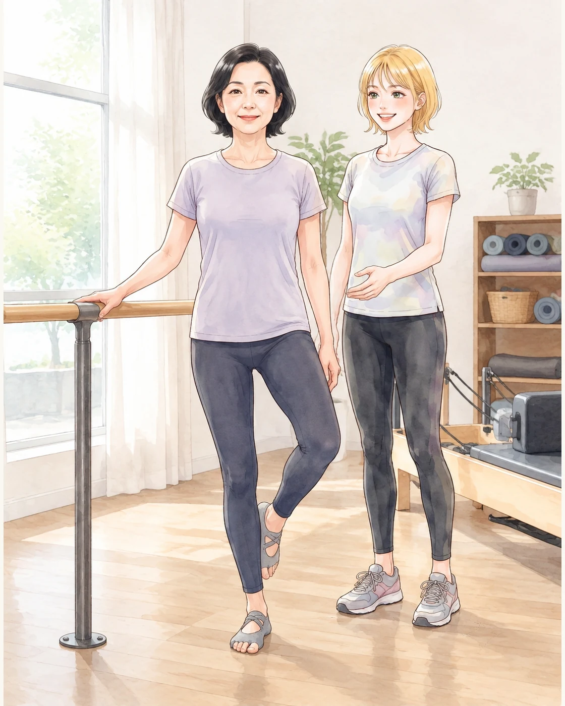지지대 옆에서 안전하게 한 발 서기를 하는 중년 회원과 강사