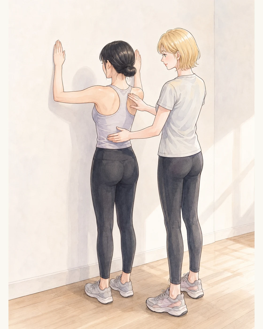벽에 팔을 대고 어깨 움직임을 확인하는 회원과 강사