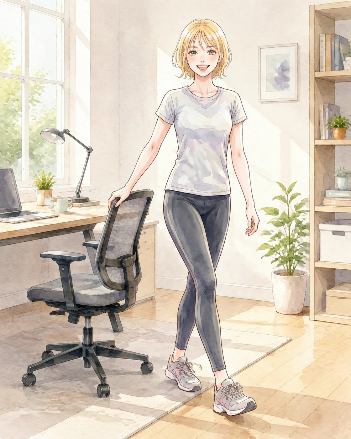 오래 앉은 뒤 의자에서 일어나 걷기 시작하는 여성