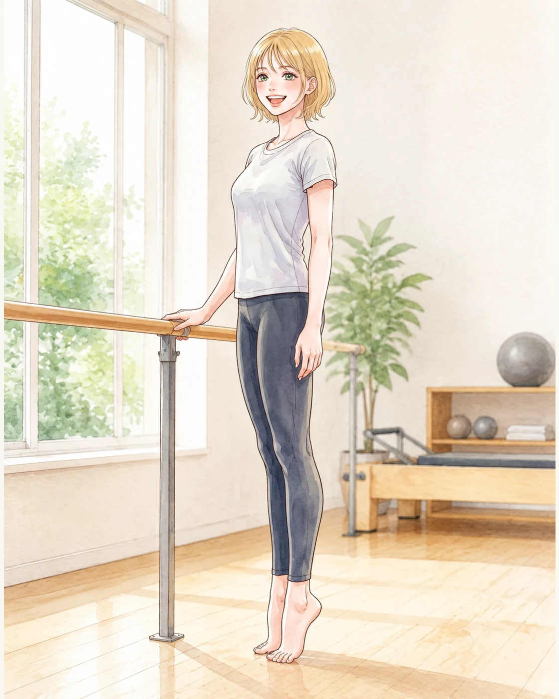 지지대를 잡고 맨발로 종아리 들기를 하며 발 아치를 쓰는 장면